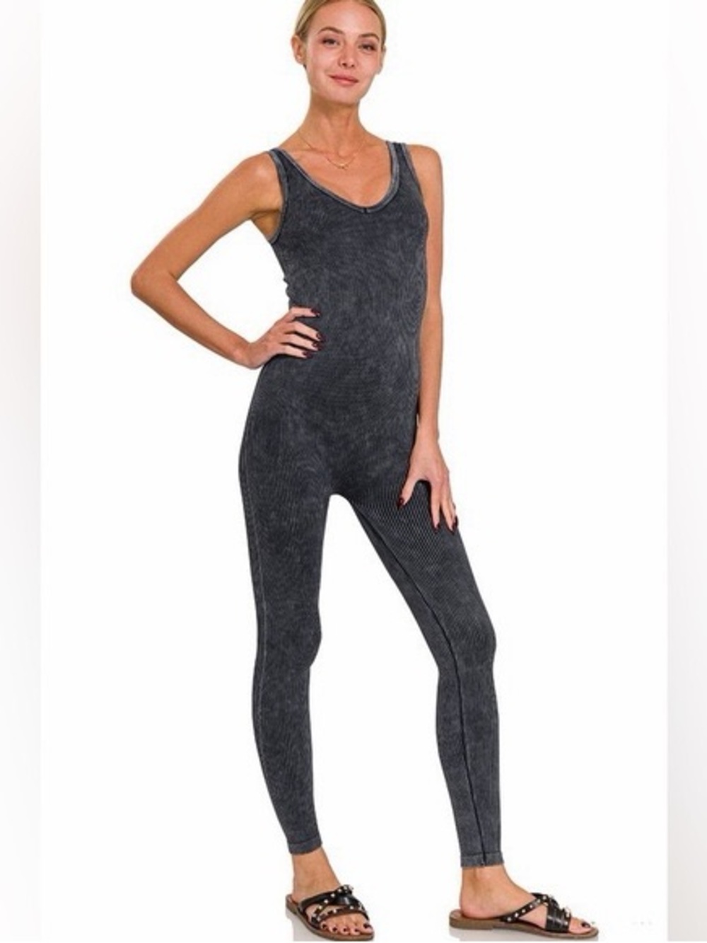 Zenana Outfitters Sleeveless Ribbed Jumpsuit - Charcoal Gray